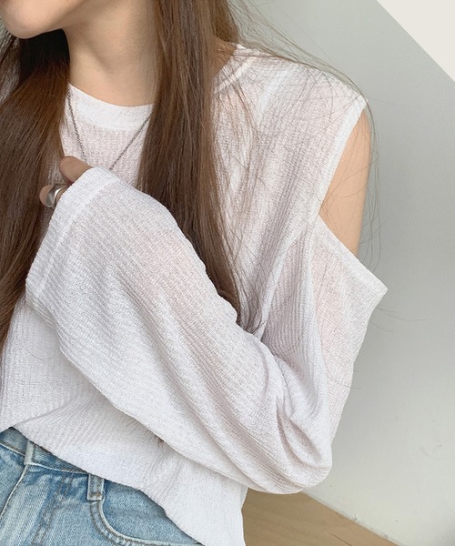 LAFFMO(ラフモ)の「ショルダースリットシアーリブトップス(Tシャツ/カットソー・レディース・グレー/ブラック/ホワイト/ブルー・FREE)」の17枚目の写真