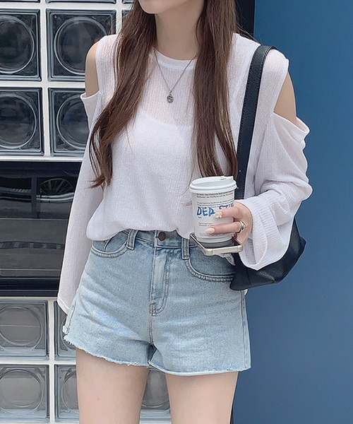 LAFFMO(ラフモ)の「ショルダースリットシアーリブトップス(Tシャツ/カットソー・レディース・グレー/ブラック/ホワイト/ブルー・FREE)」の19枚目の写真