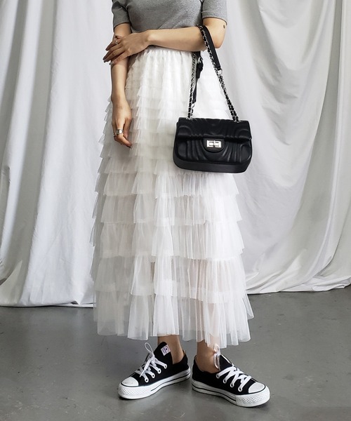 me+em select(ミームセレクト)の「【 8 color/裏地付 】ティアードプリーツフリルカラーチュールスカート(スカート・レディース・モカ/ブラック/ピンク/グリーン/パープル/アイボリー/グレー/ホワイト・FREE)」の2枚目の写真