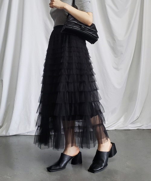 me+em select(ミームセレクト)の「【 8 color/裏地付 】ティアードプリーツフリルカラーチュールスカート(スカート・レディース・モカ/ブラック/ピンク/グリーン/パープル/アイボリー/グレー/ホワイト・FREE)」の3枚目の写真