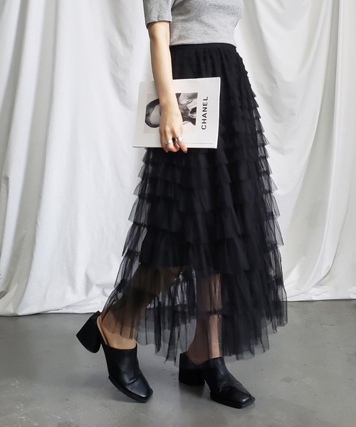 me+em select(ミームセレクト)の「【 8 color/裏地付 】ティアードプリーツフリルカラーチュールスカート(スカート・レディース・モカ/ブラック/ピンク/グリーン/パープル/アイボリー/グレー/ホワイト・FREE)」の22枚目の写真