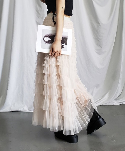 me+em select(ミームセレクト)の「【 8 color/裏地付 】ティアードプリーツフリルカラーチュールスカート(スカート・レディース・モカ/ブラック/ピンク/グリーン/パープル/アイボリー/グレー/ホワイト・FREE)」の10枚目の写真