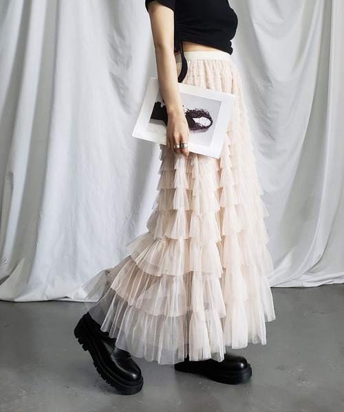 me+em select(ミームセレクト)の「【 8 color/裏地付 】ティアードプリーツフリルカラーチュールスカート(スカート・レディース・モカ/ブラック/ピンク/グリーン/パープル/アイボリー/グレー/ホワイト・FREE)」の11枚目の写真