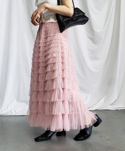 me+em select(ミームセレクト)の「【 8 color/裏地付 】ティアードプリーツフリルカラーチュールスカート(スカート・レディース・モカ/ブラック/ピンク/グリーン/パープル/アイボリー/グレー/ホワイト・FREE)」の13枚目の写真