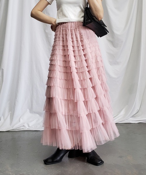 me+em select(ミームセレクト)の「【 8 color/裏地付 】ティアードプリーツフリルカラーチュールスカート(スカート・レディース・モカ/ブラック/ピンク/グリーン/パープル/アイボリー/グレー/ホワイト・FREE)」の14枚目の写真