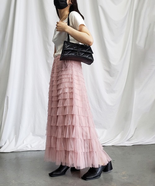 me+em select(ミームセレクト)の「【 8 color/裏地付 】ティアードプリーツフリルカラーチュールスカート(スカート・レディース・モカ/ブラック/ピンク/グリーン/パープル/アイボリー/グレー/ホワイト・FREE)」の16枚目の写真