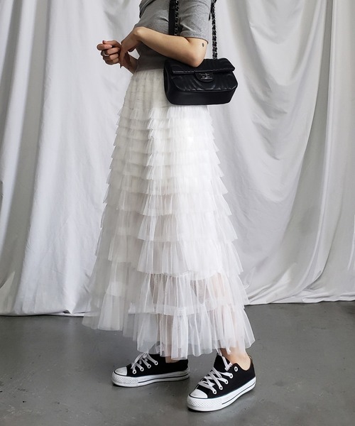 me+em select(ミームセレクト)の「【 8 color/裏地付 】ティアードプリーツフリルカラーチュールスカート(スカート・レディース・モカ/ブラック/ピンク/グリーン/パープル/アイボリー/グレー/ホワイト・FREE)」の19枚目の写真