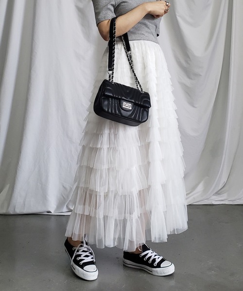 me+em select(ミームセレクト)の「【 8 color/裏地付 】ティアードプリーツフリルカラーチュールスカート(スカート・レディース・モカ/ブラック/ピンク/グリーン/パープル/アイボリー/グレー/ホワイト・FREE)」の17枚目の写真