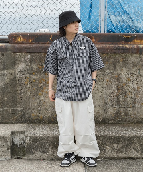 セール】ワッペン付きアソート半袖チェックハーフジップ（T
