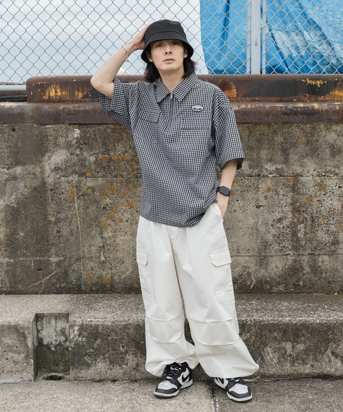 セール】ワッペン付きアソート半袖チェックハーフジップ（Tシャツ