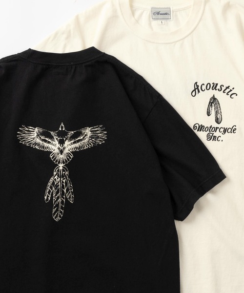 Acoustic（アコースティック）の「【Acoustic/アコースティック】ワンポイントフェザーロゴ＆バックイーグルプリント デザイン ネイティブテイスト 半袖Tシャツ/アメカジ/バイカー（Tシャツ/カットソー・メンズ・ブラック/ホワイト・M/L/XL）」の2枚目の写真