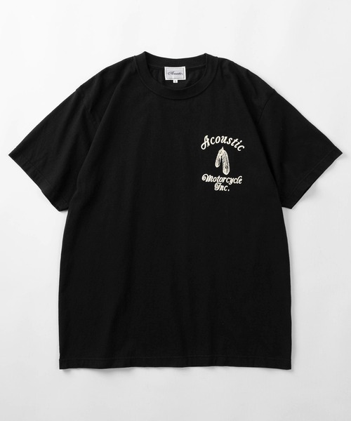 Acoustic（アコースティック）の「【Acoustic/アコースティック】ワンポイントフェザーロゴ＆バックイーグルプリント デザイン ネイティブテイスト 半袖Tシャツ/アメカジ/バイカー（Tシャツ/カットソー・メンズ・ブラック/ホワイト・M/L/XL）」の3枚目の写真