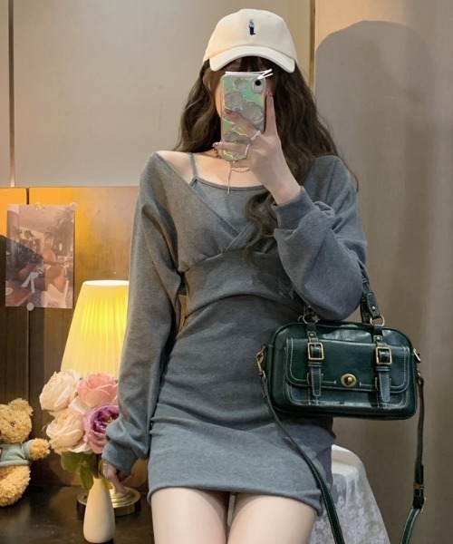 LADY LIKE（レディライク）の「カシュクールトップス付きキャミワンピース（ワンピース・レディース・ブラック/グレー・M）」の3枚目の写真