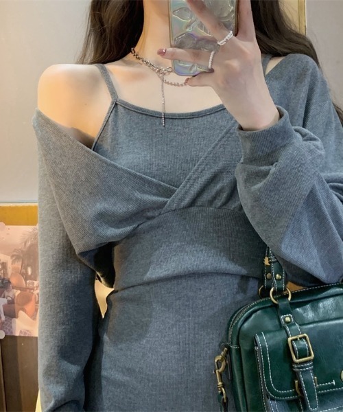 LADY LIKE（レディライク）の「カシュクールトップス付きキャミワンピース（ワンピース・レディース・ブラック/グレー・M）」の5枚目の写真