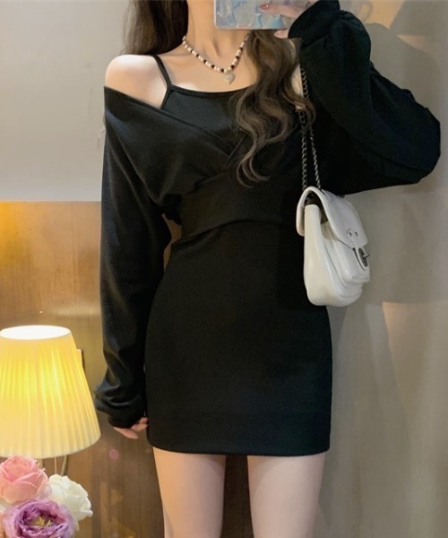 LADY LIKE（レディライク）の「カシュクールトップス付きキャミワンピース（ワンピース・レディース・ブラック/グレー・M）」の7枚目の写真