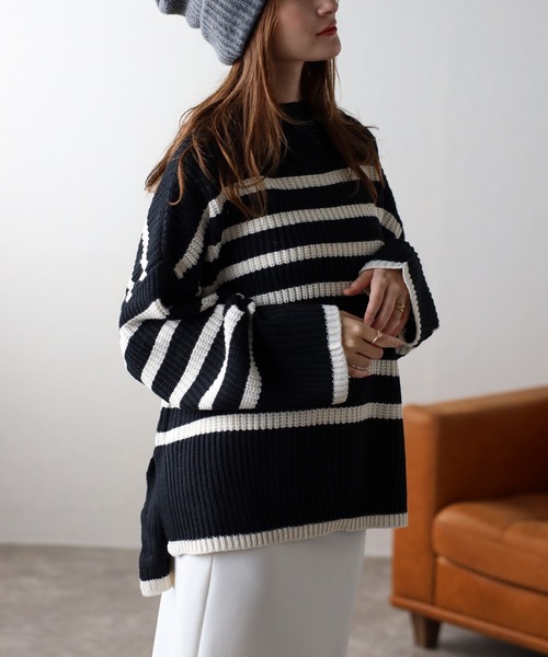 TRIANGLE PALETTE（トライアングルパレット）の「ボーダーハイネックニット（ニット/セーター・レディース・ホワイト×ネイビー/ホワイト×ブラック/ブラック×ホワイト/ベージュ/グリーン・FREE）」の4枚目の写真