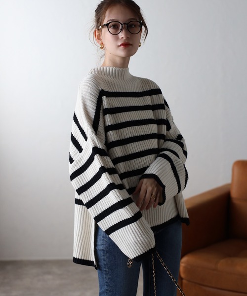 TRIANGLE PALETTE（トライアングルパレット）の「ボーダーハイネックニット（ニット/セーター・レディース・ホワイト×ネイビー/ホワイト×ブラック/ブラック×ホワイト/ベージュ/グリーン・FREE）」の11枚目の写真