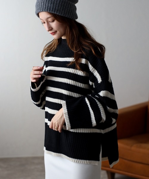 TRIANGLE PALETTE（トライアングルパレット）の「ボーダーハイネックニット（ニット/セーター・レディース・ホワイト×ネイビー/ホワイト×ブラック/ブラック×ホワイト/ベージュ/グリーン・FREE）」の15枚目の写真