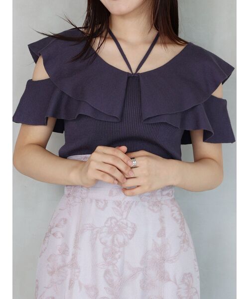 MERCURYDUO（マーキュリーデュオ）の「マルチウェイストラップダブルラッフルニット（ニット/セーター・レディース・オフホワイト/チャコールグレー/ネイビー/レッド/ライム・FREE）」の3枚目の写真