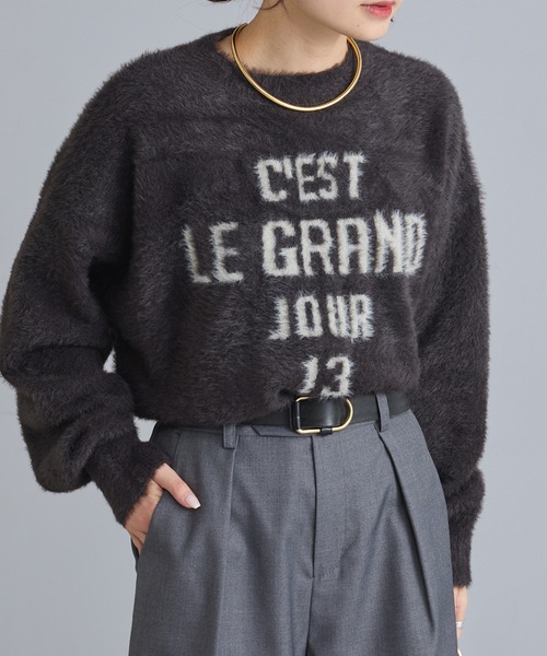 PUAL CE CIN（ピュアルセシン）の「ジャガードロゴシャギーニットプルオーバー（ニット/セーター・レディース・ダークブラウン/ベージュ/チャコールグレー・FREE）」の2枚目の写真