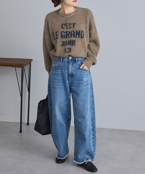 PUAL CE CIN（ピュアルセシン）の「ジャガードロゴシャギーニットプルオーバー（ニット/セーター・レディース・ダークブラウン/ベージュ/チャコールグレー・FREE）」の7枚目の写真