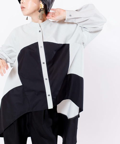 OSMOSIS(オズモーシス)の「切替フレアーブラウス(ポロシャツ・レディース・ストライプ/ブラック・ONE SIZE)」の13枚目の写真