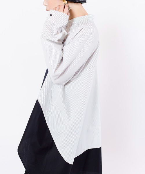 OSMOSIS(オズモーシス)の「切替フレアーブラウス(ポロシャツ・レディース・ストライプ/ブラック・ONE SIZE)」の14枚目の写真