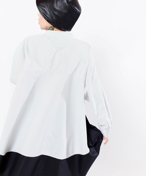 OSMOSIS(オズモーシス)の「切替フレアーブラウス(ポロシャツ・レディース・ストライプ/ブラック・ONE SIZE)」の15枚目の写真