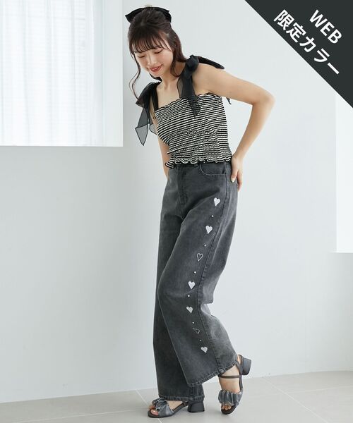 セール】【WEB限定Lサイズあり】リボンビジューデニムパンツ