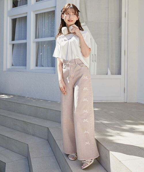 セール】【WEB限定Lサイズあり】リボンビジューデニムパンツ