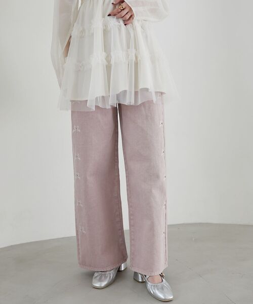 セール】【WEB限定Lサイズあり】リボンビジューデニムパンツ