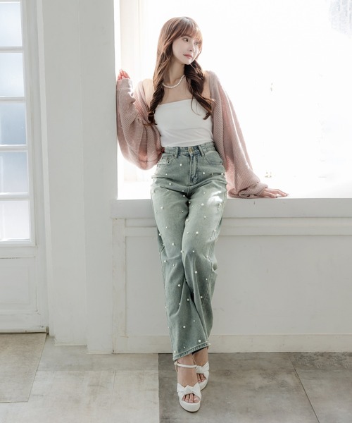 Julia Boutique（ジュリアブティック）の「パール付きハイウエストデニムパンツ/24100（デニムパンツ・レディース・ライトブルー・S/M/L）」の4枚目の写真