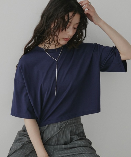 Aunt Marie's(アントマリーズ)の「【接触冷感】クロップドショートスリーブTシャツ(Tシャツ/カットソー・レディース・ホワイト/ネイビー/ピンク/ライトブルー/ブラック/ブラウン/グリーン・FREE)」の1枚目の写真