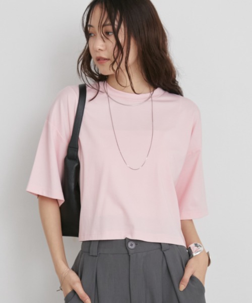 Aunt Marie's(アントマリーズ)の「【接触冷感】クロップドショートスリーブTシャツ(Tシャツ/カットソー・レディース・ホワイト/ネイビー/ピンク/ライトブルー/ブラック/ブラウン/グリーン・FREE)」の7枚目の写真