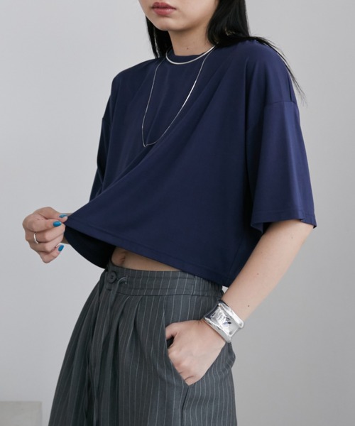   シェニールショートスリーブセーター Tシャツ Healthknit:〈洗濯機可能〉ボーダー リブ ショートスリーブ TEE