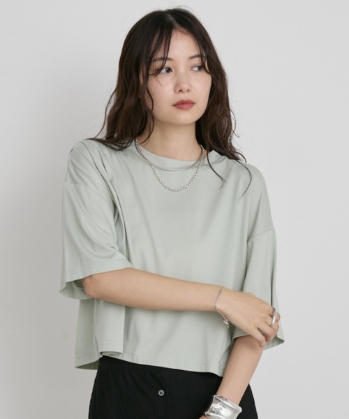 Aunt Marie's(アントマリーズ)の「【接触冷感】クロップドショートスリーブTシャツ(Tシャツ/カットソー・レディース・ホワイト/ネイビー/ピンク/ライトブルー/ブラック/ブラウン/グリーン・FREE)」の15枚目の写真