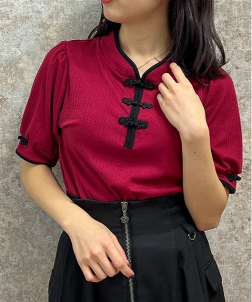axes femme(アクシーズファム)の「チャイナ釦リブプルオーバー(Tシャツ/カットソー・レディース・ホワイト/レッド/ブラック・FREE)」の3枚目の写真