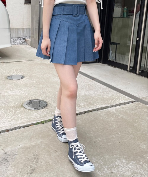 DDサイズ　ベルト付きワンウェイプリーツスカート(ワイン)  ディーラー様製 one way（ワンウェイ）の「ベルト付きミニプリーツスカート