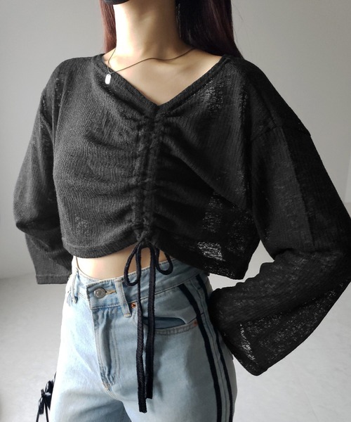 tシャツ サイドシャーリングリボン レイヤード風レース切替カットソー レディース リボン付サイドシャーリング長袖Tシャツ | レディース