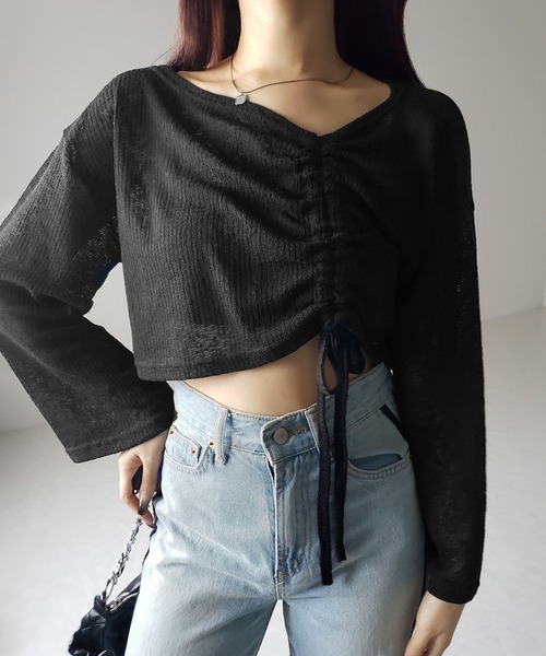 me+em select(ミームセレクト)の「※※【 3color 】サイドリボンシャーリング長袖ショートシアーTシャツ /side ribbon shirring long sleeve short sheer Tee(Tシャツ/カットソー・レディース・アイボリー/ブラック/グレー・FREE)」の7枚目の写真