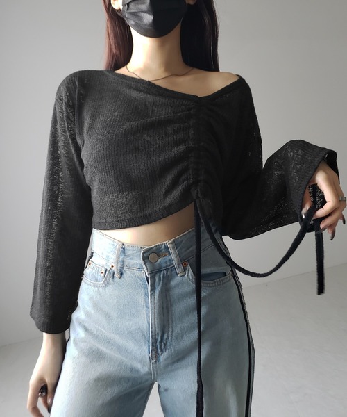 me+em select(ミームセレクト)の「※※【 3color 】サイドリボンシャーリング長袖ショートシアーTシャツ /side ribbon shirring long sleeve short sheer Tee(Tシャツ/カットソー・レディース・アイボリー/ブラック/グレー・FREE)」の8枚目の写真