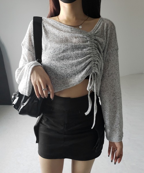 me+em select(ミームセレクト)の「※※【 3color 】サイドリボンシャーリング長袖ショートシアーTシャツ /side ribbon shirring long sleeve short sheer Tee(Tシャツ/カットソー・レディース・アイボリー/ブラック/グレー・FREE)」の21枚目の写真