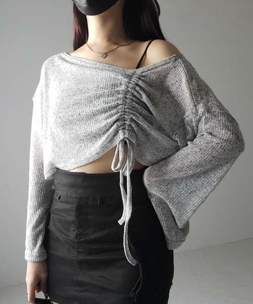 me+em select(ミームセレクト)の「※※【 3color 】サイドリボンシャーリング長袖ショートシアーTシャツ /side ribbon shirring long sleeve short sheer Tee(Tシャツ/カットソー・レディース・アイボリー/ブラック/グレー・FREE)」の5枚目の写真