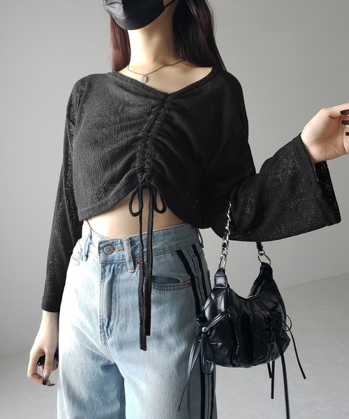 me+em select(ミームセレクト)の「※※【 3color 】サイドリボンシャーリング長袖ショートシアーTシャツ /side ribbon shirring long sleeve short sheer Tee(Tシャツ/カットソー・レディース・アイボリー/ブラック/グレー・FREE)」の9枚目の写真