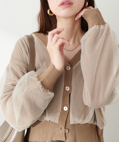 natural couture(ナチュラルクチュール)の「ふんわりチュール重ねカーデ(カーディガン/ボレロ・レディース・ブラウン/ピンクベージュ/サックスブルー/アイボリー/ブラック・FREE)」の6枚目の写真
