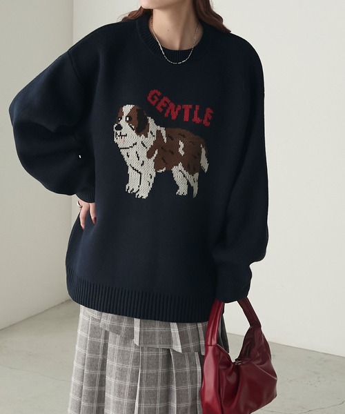 BONLECILL（ボンルシール）の「DOGジャガードBIGニットプルオーバー（ニット/セーター・レディース・ネイビー/杢グレー/ブラック・FREE）」の22枚目の写真