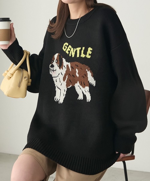 Black&White ニット dog 犬 毛100% ブラック 9 日本製 DOGジャガードBIGニットプルオーバー（ニット/セーター）｜BONLECILL