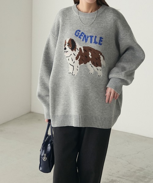 BONLECILL（ボンルシール）の「DOGジャガードBIGニットプルオーバー（ニット/セーター・レディース・ネイビー/杢グレー/ブラック・FREE）」の14枚目の写真