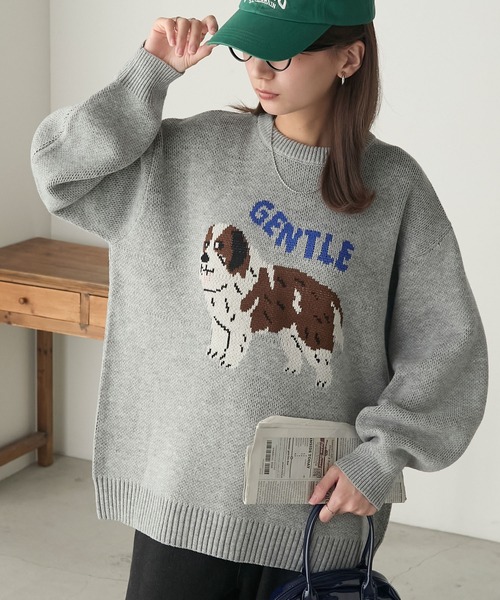 BONLECILL（ボンルシール）の「DOGジャガードBIGニットプルオーバー（ニット/セーター・レディース・ネイビー/杢グレー/ブラック・FREE）」の20枚目の写真