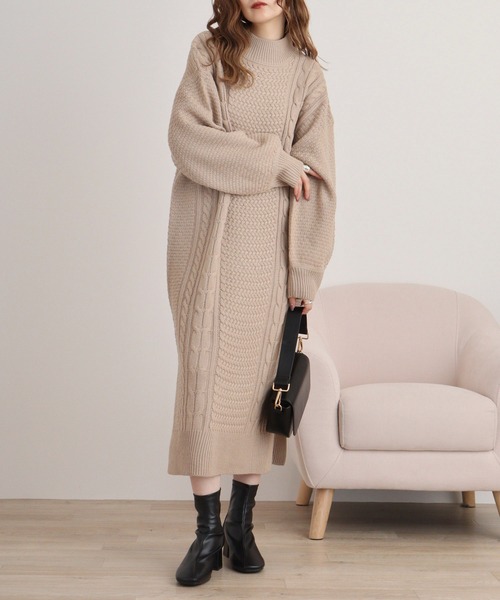セール】myke ケーブル編みニット ハイネックワンピース（ワンピース